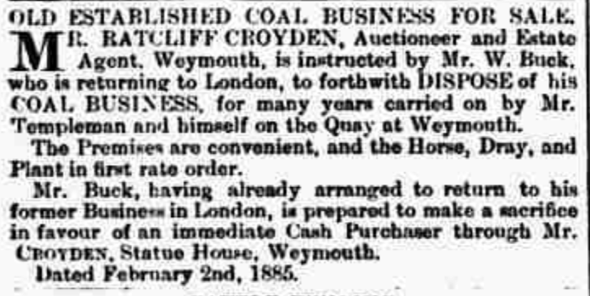 Mr Buck Coal seller Weymouth selling business 1885
