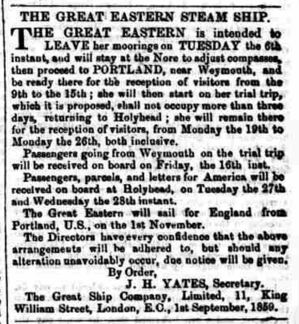 Departure notice Great Eastern leaving on maiden voyage